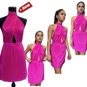 Sincerely Jules pink pleated satin effect crossover wrap halter top mini dress M